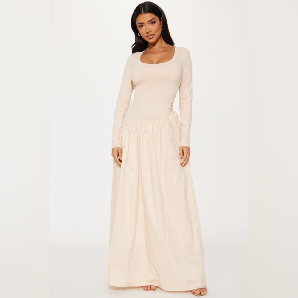Fashion Nova Cream Long Sleeve Dress
